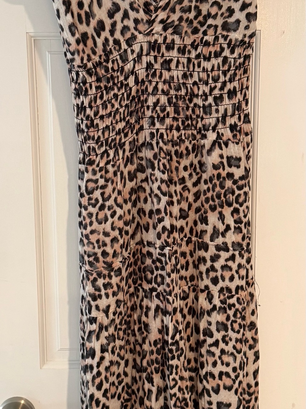 Leopard Print Smocked Waist Maxi Dress - Beige Black